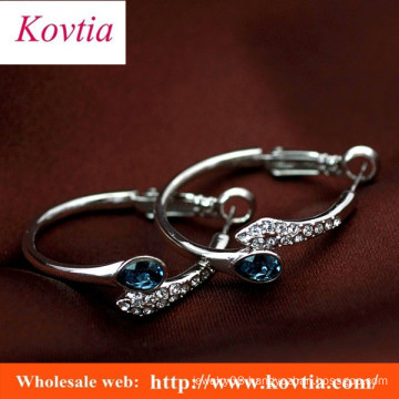 Wholesale clip on earring white gold plated blue crystal rhinestone hoop earrings